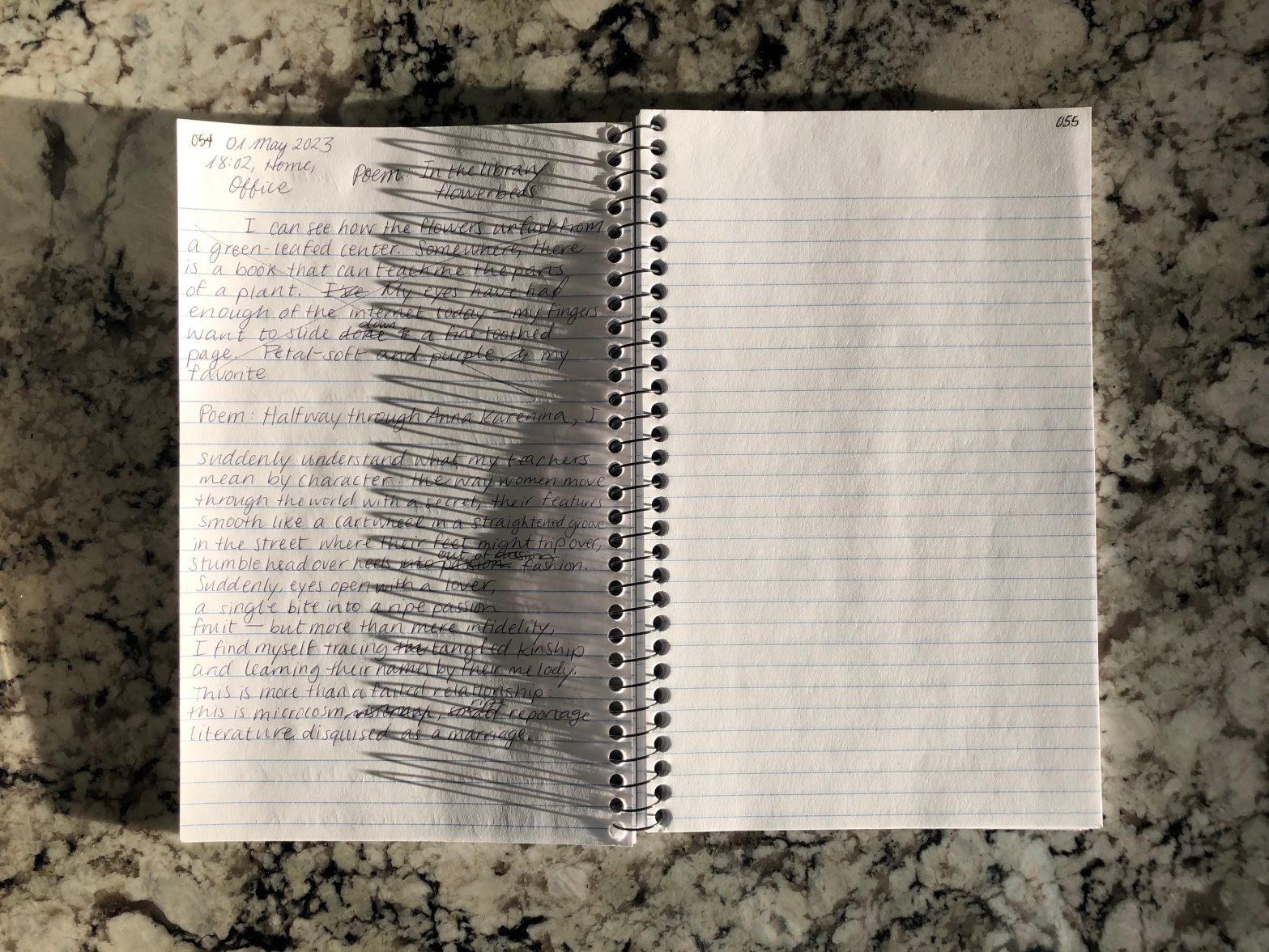 Photograph of a lined, spiral-bound notebook open with writing on the left page. Shadows from the spiral binding are cast to the left, onto the writing.
