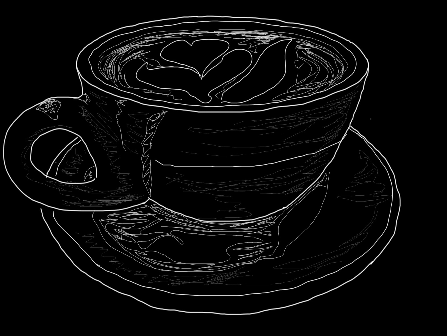 White line drawing on a black background of a cup that is overflowing