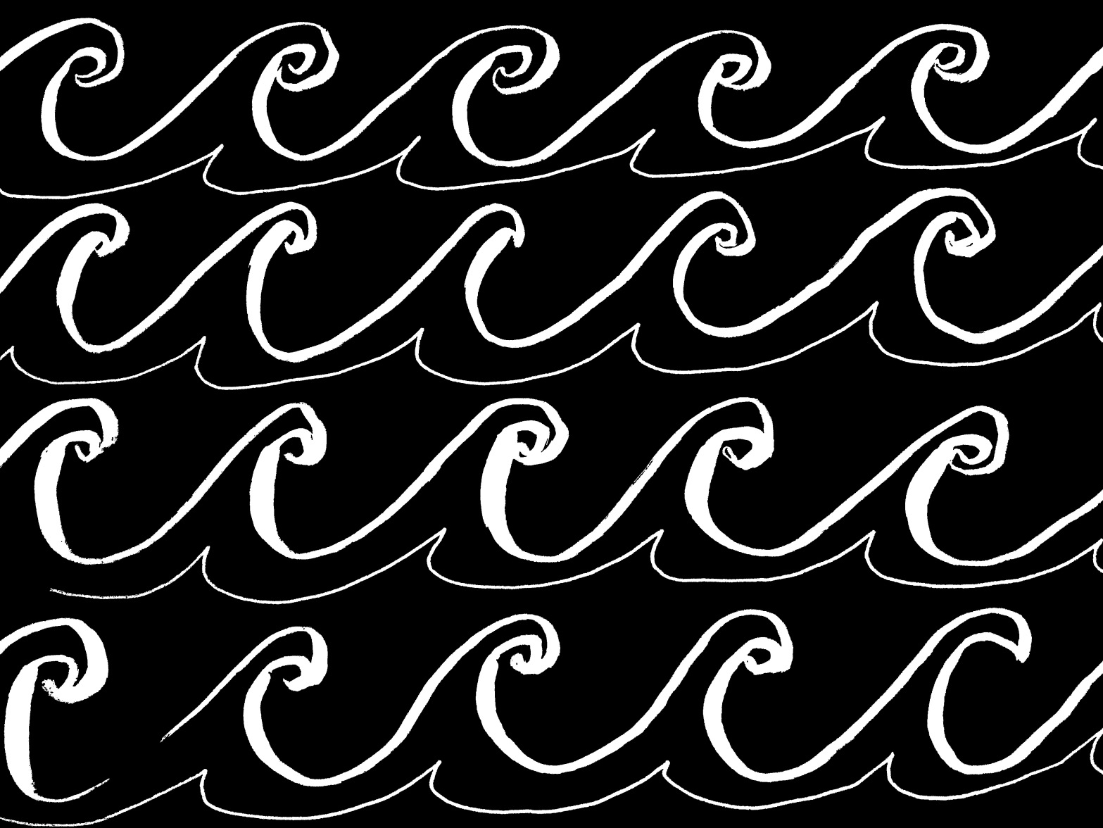 White line drawing on black background of cartoonish waves. Drawing by Caroliena Cabada.